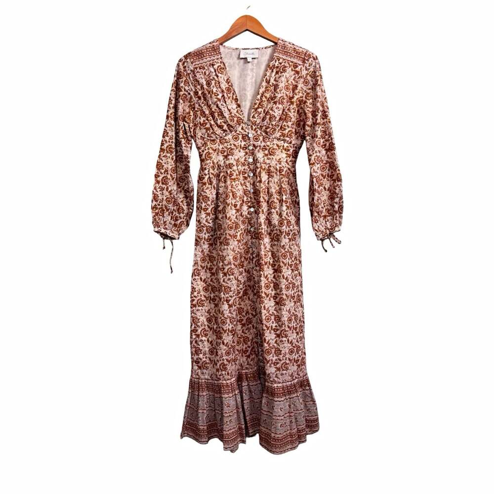 Cleobella Brown Ivory Floral Woven V-Neck Puff Sleeve Maxi Button Dress S